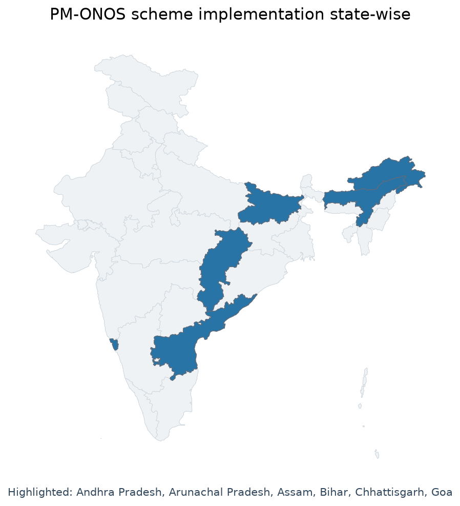 Map of Andhra Pradesh, Arunachal Pradesh, Assam, Bihar, Chhattisgar highlighted on the map of India — PM-ONOS scheme UPSC