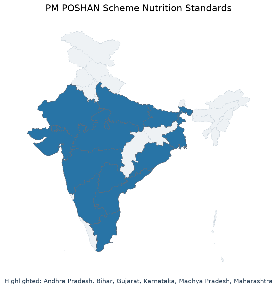 Map of Andhra Pradesh, Bihar, Gujarat, Karnataka, Madhya Pradesh, M highlighted on the map of India — PM POSHAN Scheme…