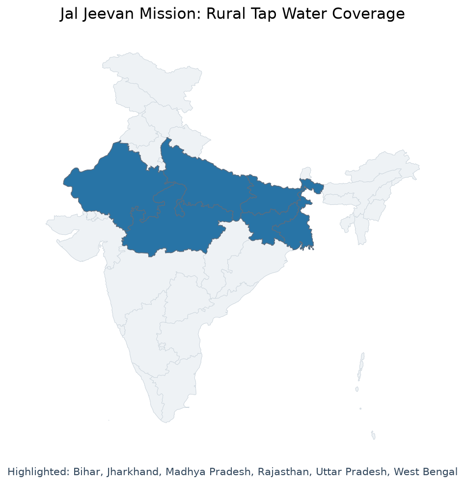 Map of Bihar, Uttar Pradesh, Madhya Pradesh, Rajasthan, Jharkhand, highlighted on the map of India — जल जीवन मिशन अपडेट…