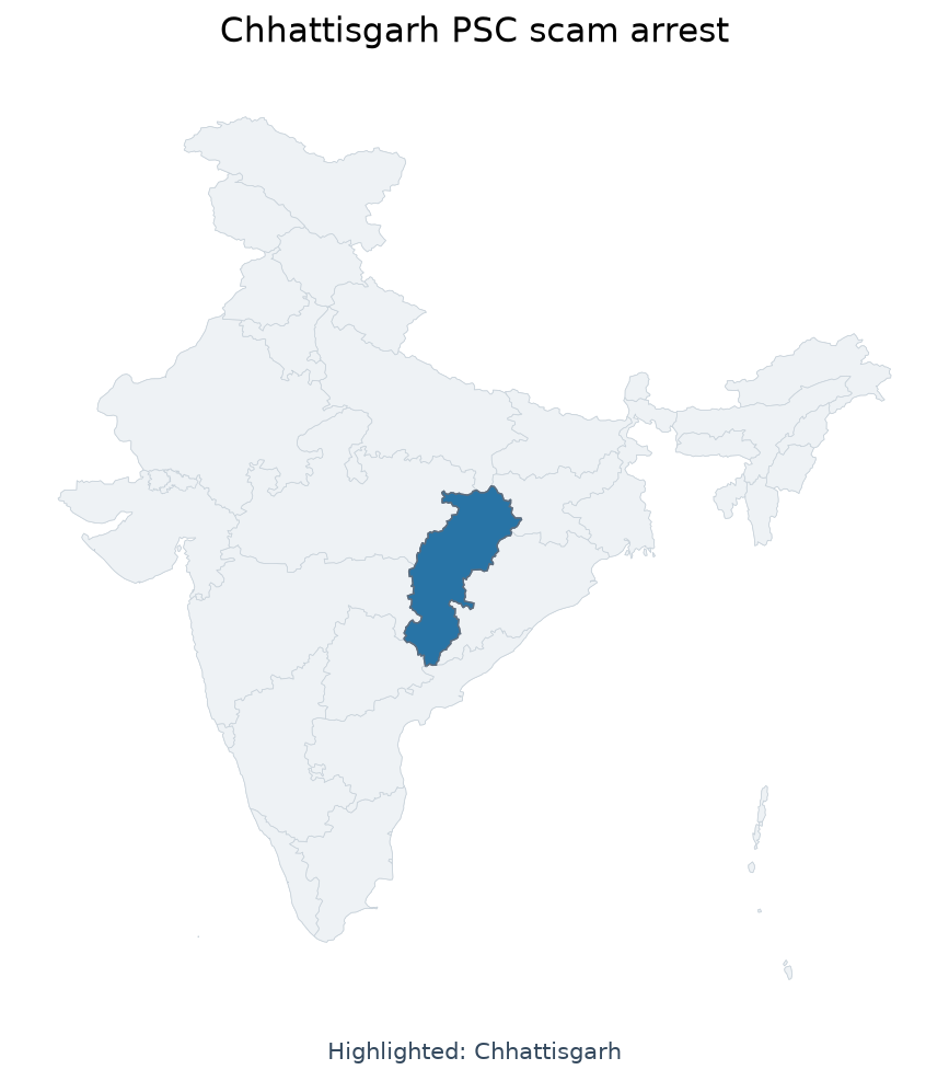 Map of Chhattisgarh highlighted on the map of India — छत्तीसगढ़ लोक सेवा आयोग भर्ती घोटाला धन शोधन