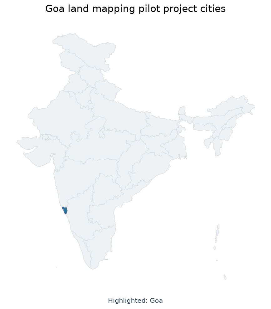 Map of Goa, Margao, Cuncolim, Panaji highlighted on the map of India — Naksha project Goa land records UPSC