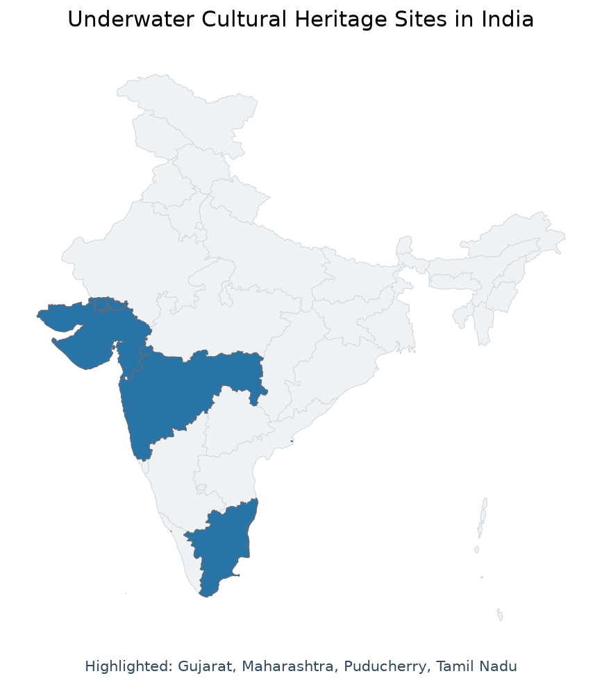 Map of Gujarat, Maharashtra, Tamil Nadu, Puducherry highlighted on the map of India — underwater cultural heritage India UPSC