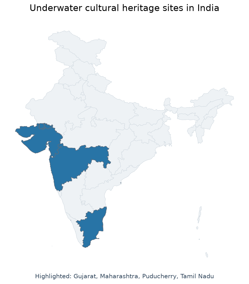 Map of Gujarat, Maharashtra, Tamil Nadu, Puducherry highlighted on the map of India — Underwater cultural heritage India UPSC