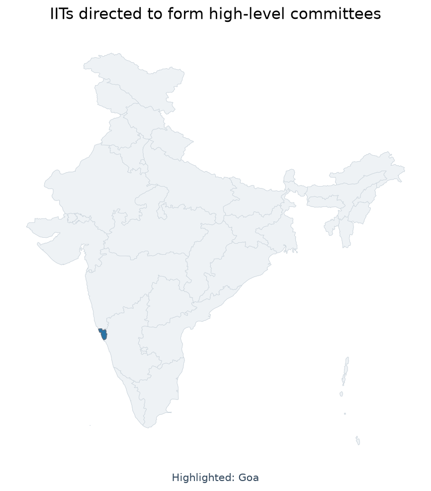 Map of IIT Madras, IIT Kanpur, IIT Goa, IIT Jodhpur highlighted on the map of India — CIC directive on IIT student…
