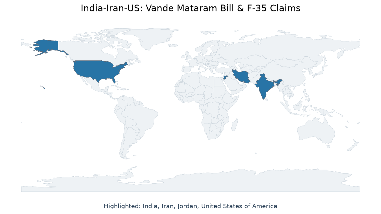 Map of India, Iran, Jordan, United States highlighted on the map of India — वंदे मातरम बिल 2026 लोकसभा