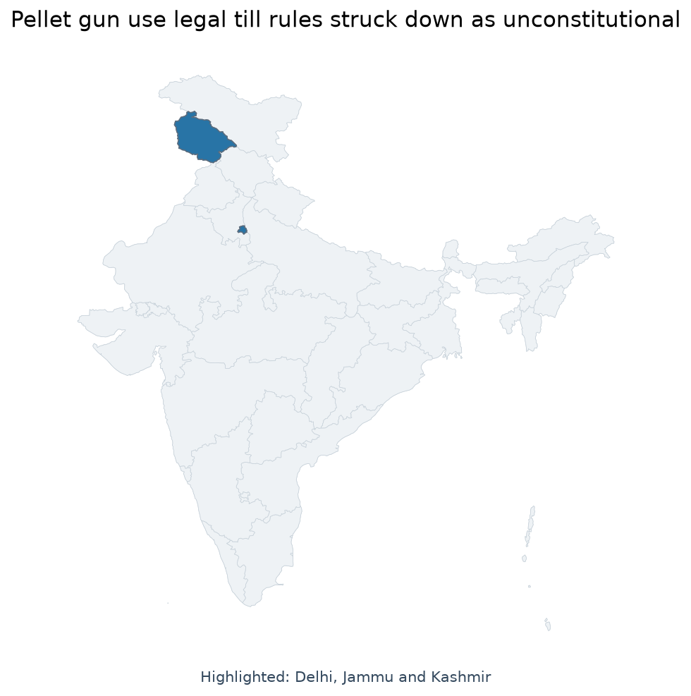 Map of Jammu and Kashmir, Delhi highlighted on the map of India — pellet gun use constitutional validity Supreme Court