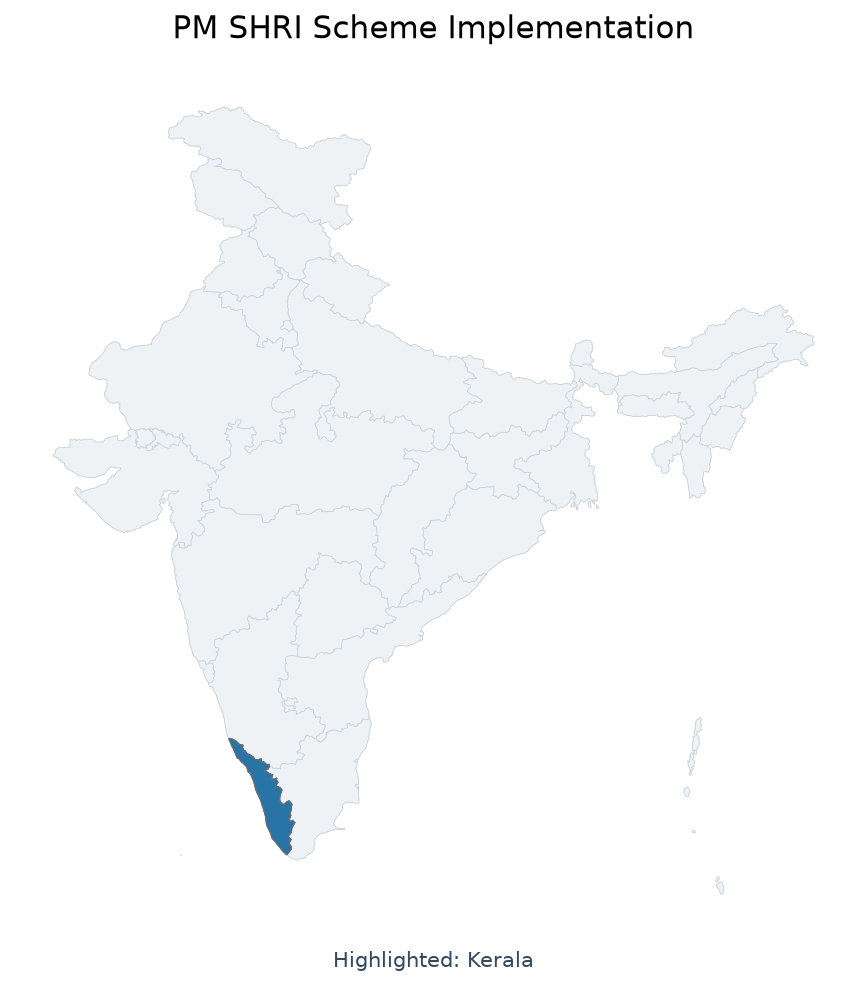 Map of Kerala highlighted on the map of India — पीएम श्री योजना कार्यान्वयन UPSC