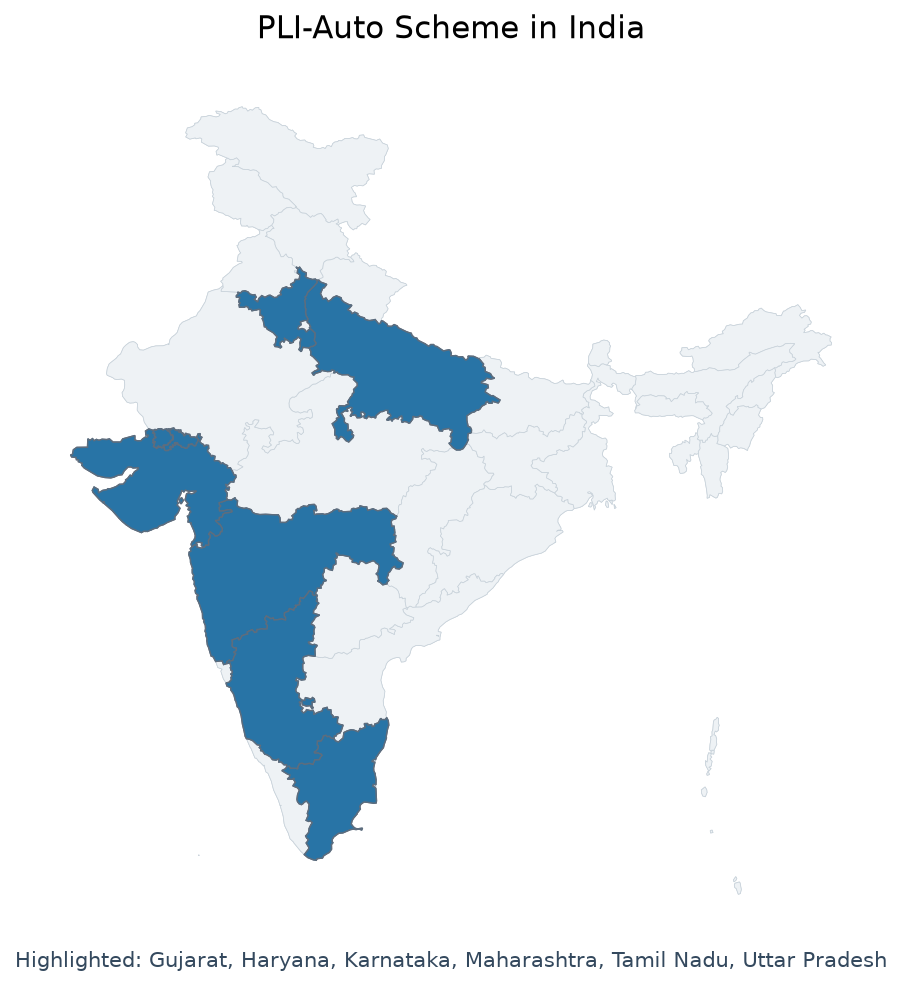 Map of Maharashtra, Gujarat, Tamil Nadu, Karnataka, Haryana, Uttar highlighted on the map of India — पीएलआई ऑटो योजना…