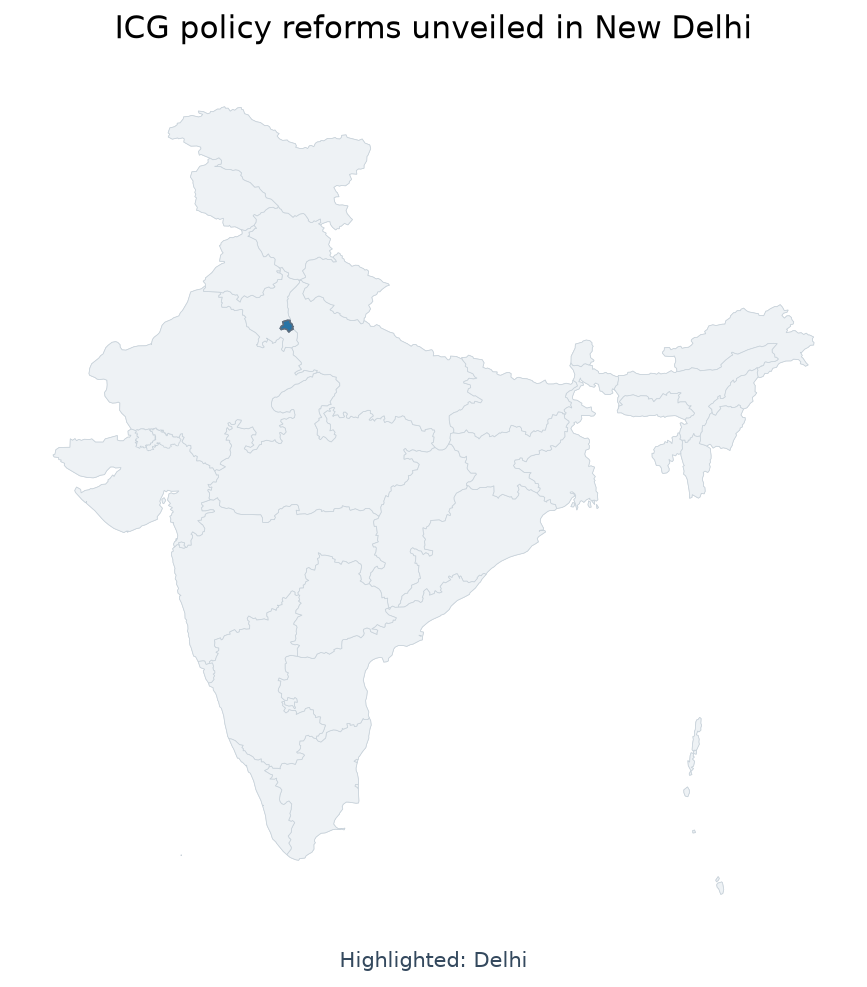 Map of New Delhi highlighted on the map of India — Indian Coast Guard policy reforms 2026