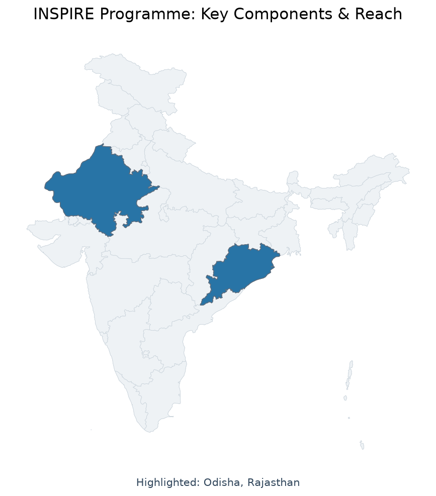 Map of Odisha, Rajasthan highlighted on the map of India — INSPIRE Programme components and benefits for UPSC