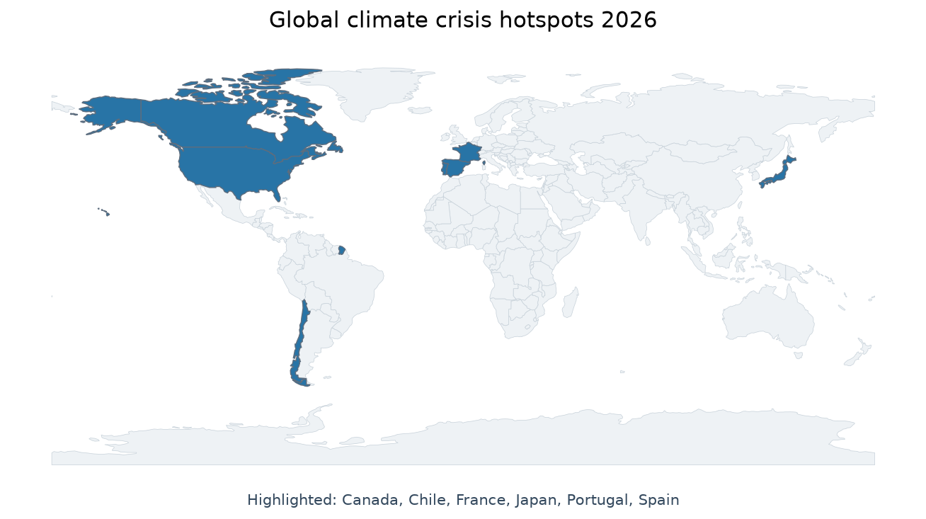 Map of Portugal, France, Spain, North Africa, Chile, Japan, Canada, highlighted on the map of India — climate disasters…