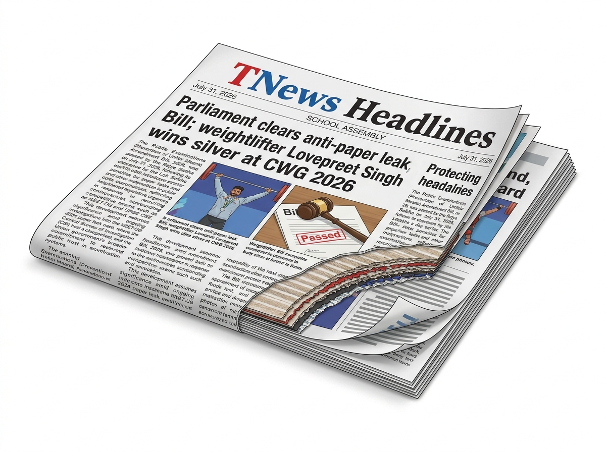 TNews Headlines for School Assembly, July 31, 2026: Parliament clears anti-paper leak Bill, weightlifter Lovepreet Singh — labelled illustration