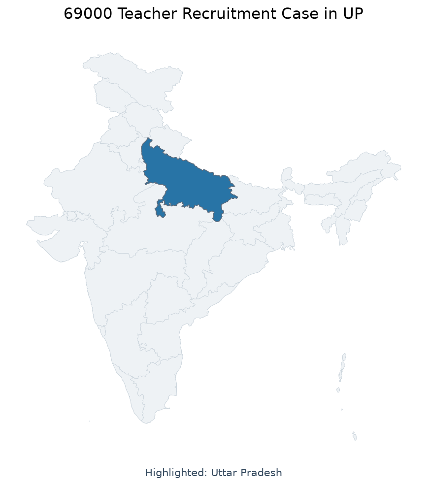 Map of Uttar Pradesh highlighted on the map of India — 69000 शिक्षक भर्ती मामला
