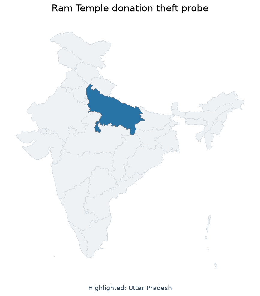 Map of Uttar Pradesh highlighted on the map of India — Ram Temple donation theft probe Supreme Court UPSC