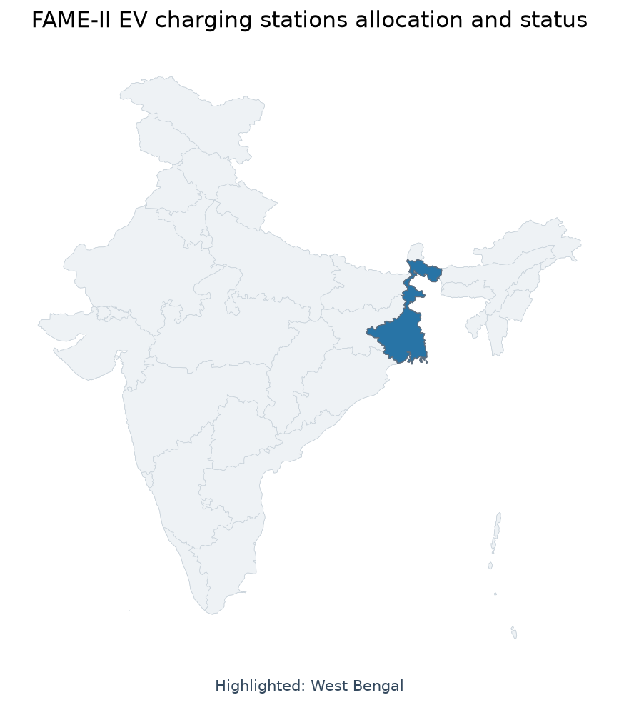 Map of West Bengal highlighted on the map of India — FAME-II scheme EV charging stations allocation 2026