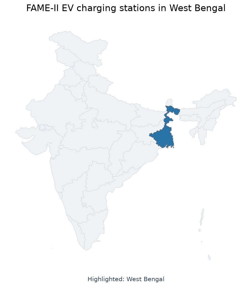 Map of West Bengal highlighted on the map of India — फेम-II योजना ईवी चार्जिंग स्टेशन आवंटन 2026