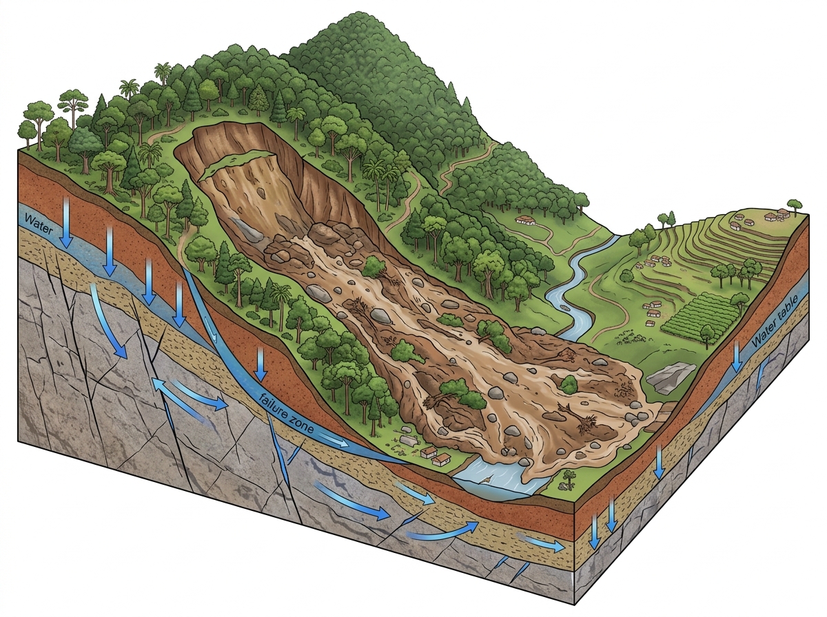 2024 Wayanad landslides: Study reveals the interplay of climate and geology — labelled illustration