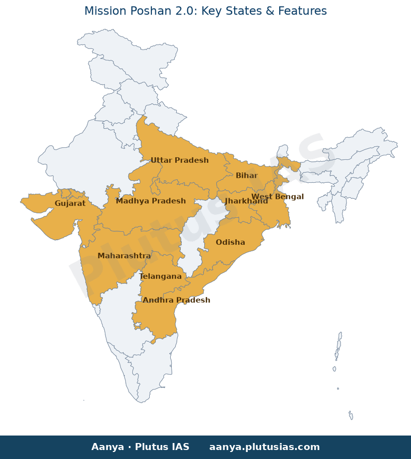 Map of Andhra Pradesh, Telangana, Bihar, Madhya Pradesh, Maharashtr highlighted on the map of India — Mission Poshan 2.0…
