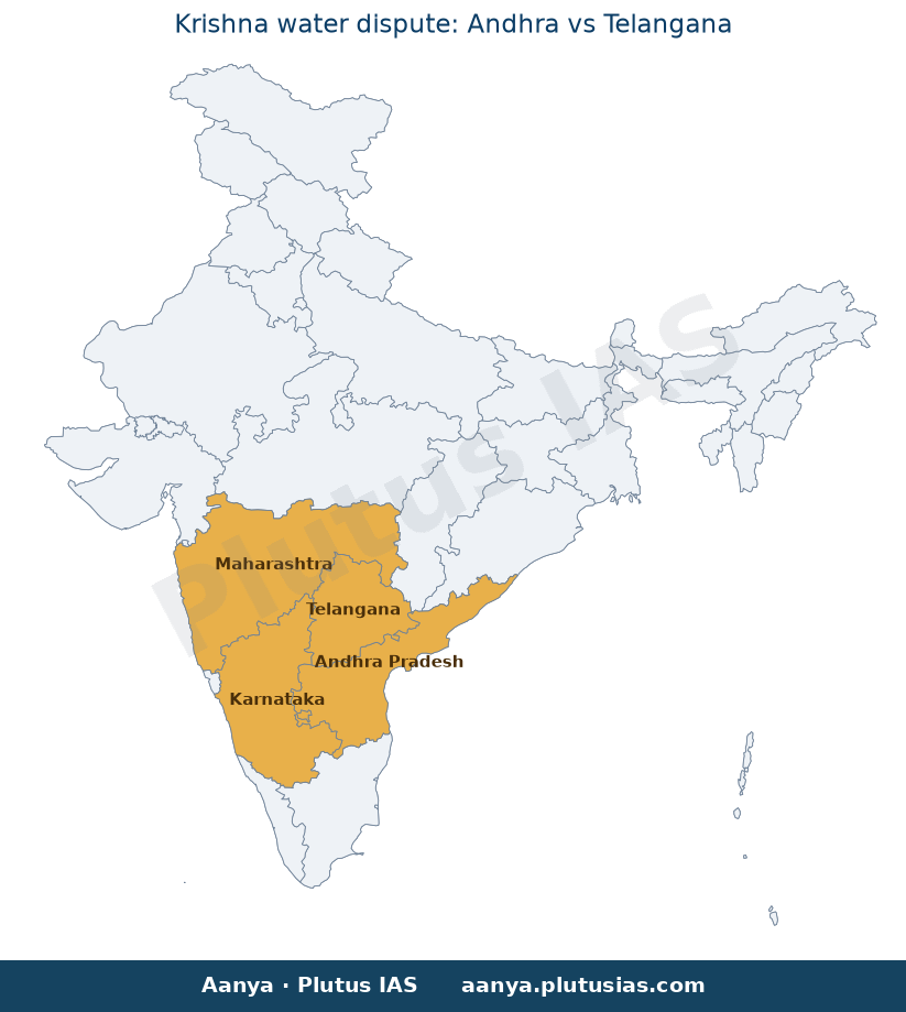 Map of Andhra Pradesh, Telangana, Karnataka, Maharashtra highlighted on the map of India — Krishna water policy UPSC