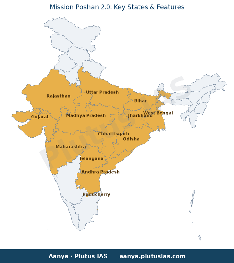 Map of Andhra Pradesh, Telangana, Odisha, Madhya Pradesh, Chhattisg highlighted on the map of India — Mission Poshan 2.0 UPSC