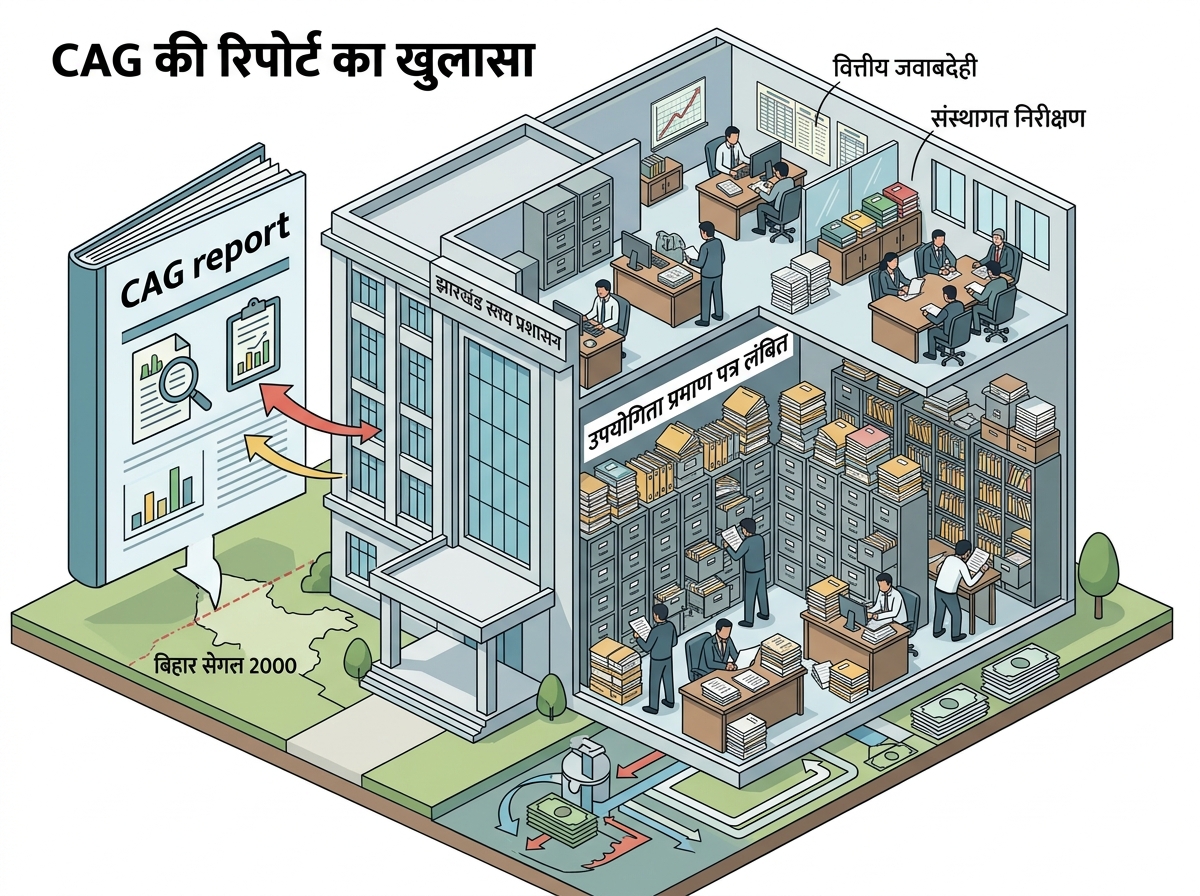 CAG की रिपोर्ट का खुलासा: झारखंड में 1.60 लाख करोड़ के उपयोगिता प्रमाण पत्र लंबित, वित्तीय जवाबदेही पर चिंता — labelled illustration