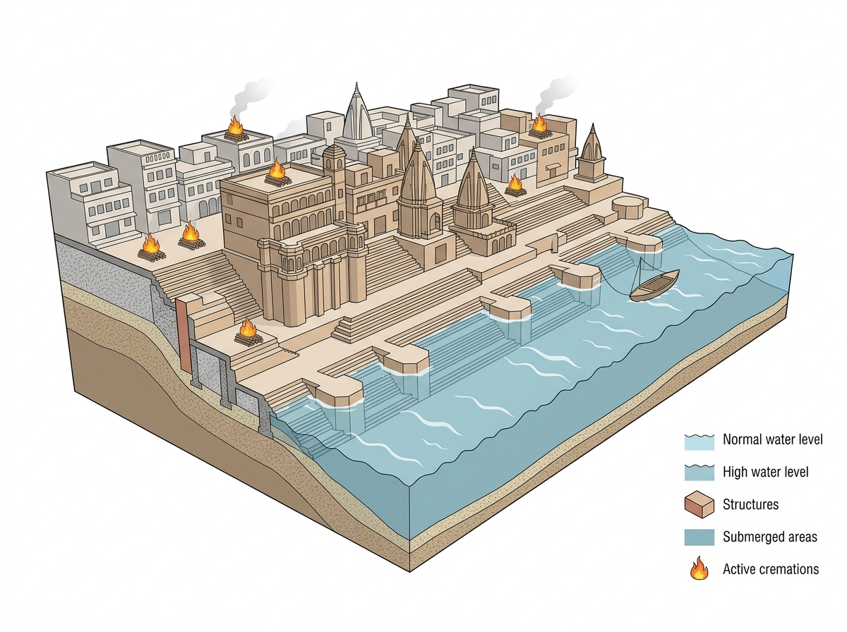 Cremations shift to rooftops as rising Ganga swallows Varanasi’s iconic ghats — labelled illustration