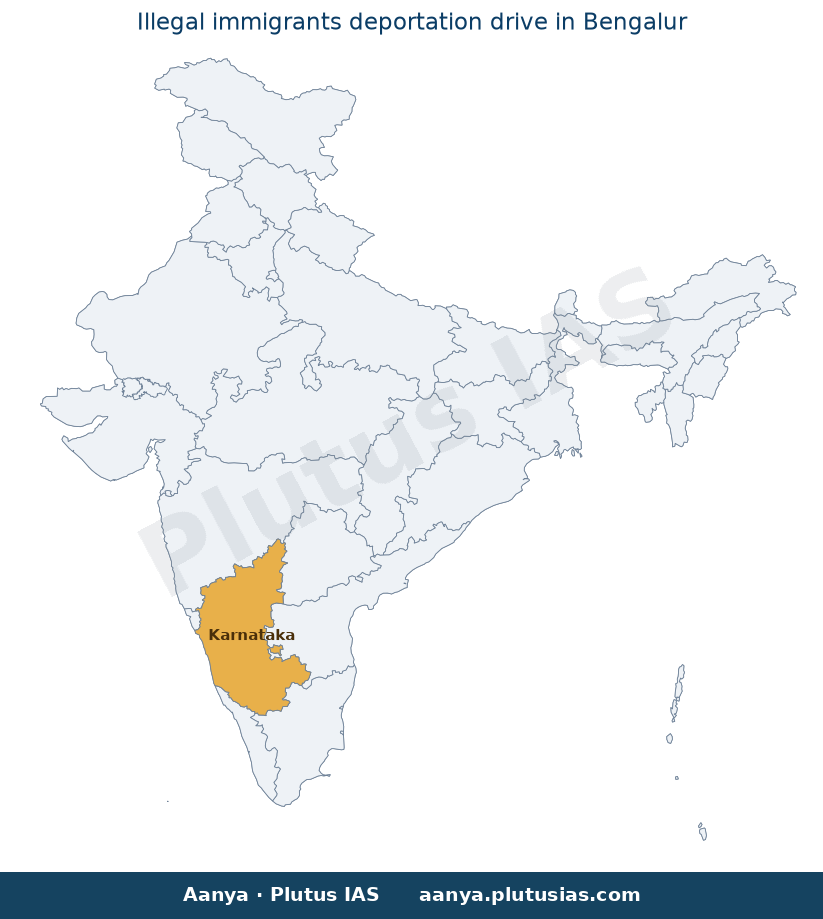Map of Karnataka highlighted on the map of India — बेंगलुरु पुलिस अवैध प्रवासी अभियान 2026