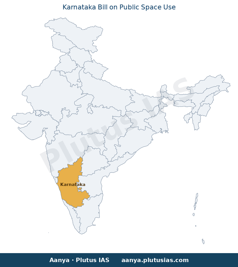 Map of Karnataka highlighted on the map of India — Karnataka Public Space Bill 2026 UPSC