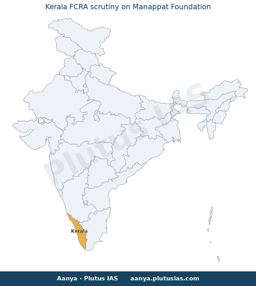 Map of Kerala highlighted on the map of India — FCRA violations Kerala Punarjani scheme Manappat Foundation
