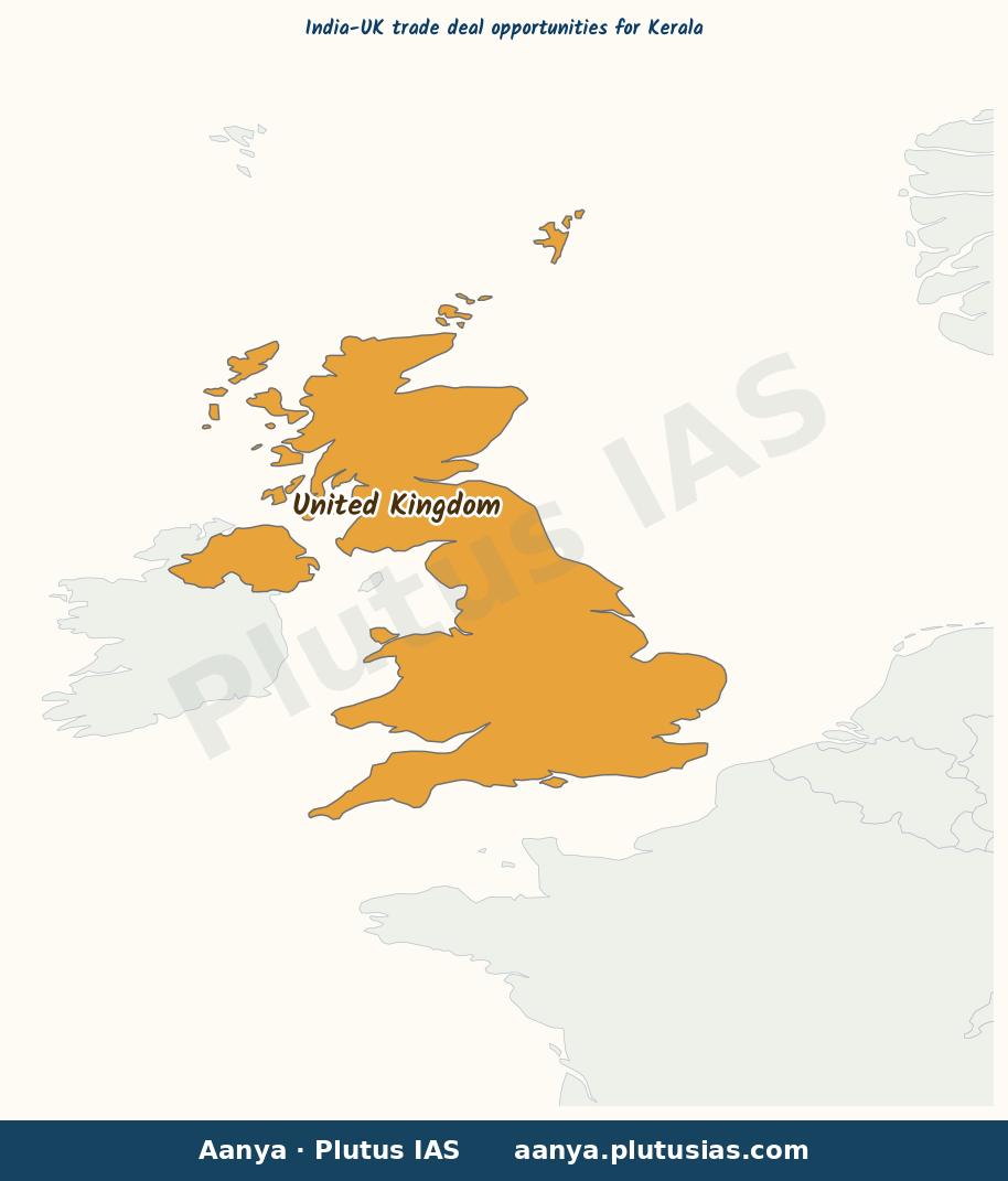 Map of Kerala, United Kingdom highlighted on the map of India — भारत-यूके व्यापार समझौता केरल के लिए अवसर