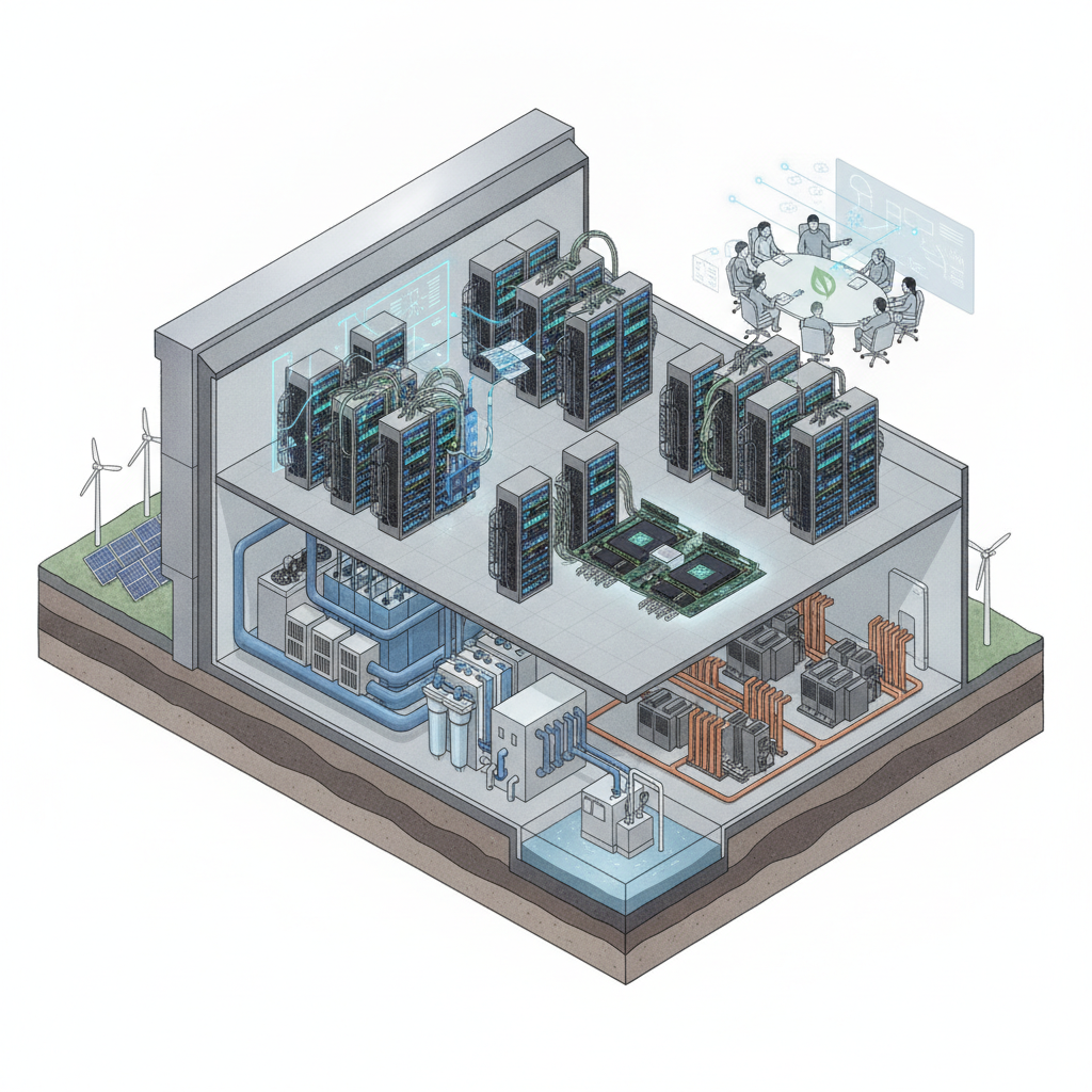 NGO discusses environmental implications of AI data centres — labelled illustration