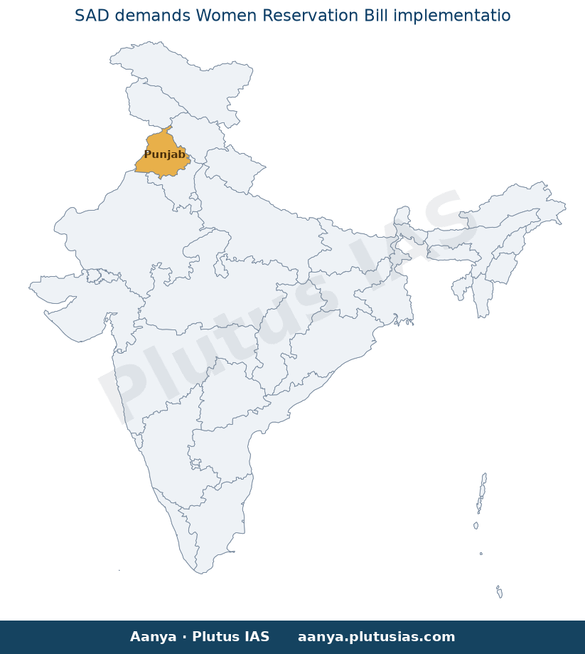 Map of Punjab highlighted on the map of India — महिला आरक्षण विधेयक 2026