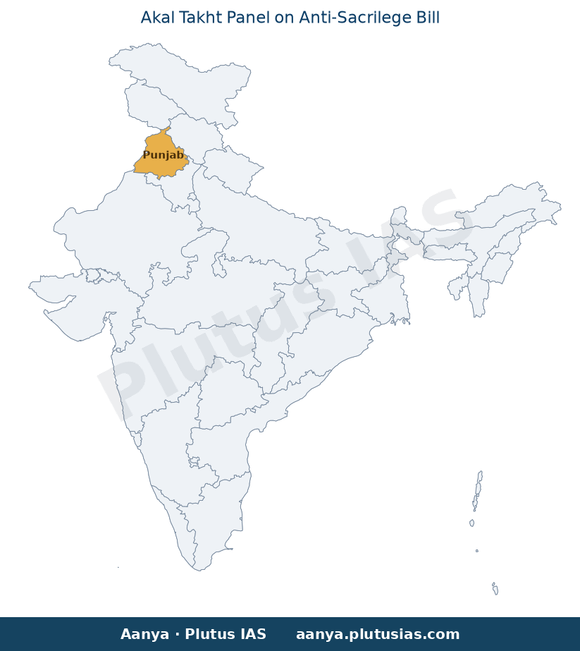 Map of Punjab, Amritsar highlighted on the map of India — anti-sacrilege bill compliance report Akal Takht