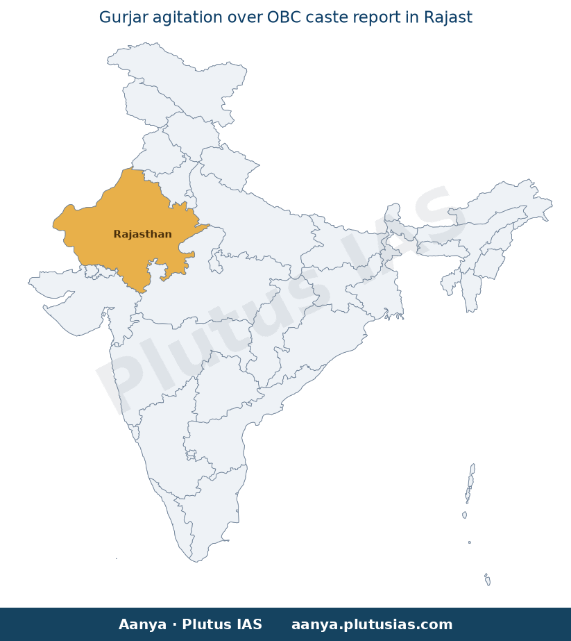 Map of Rajasthan highlighted on the map of India — Gurjar OBC report Rajasthan reservation demand