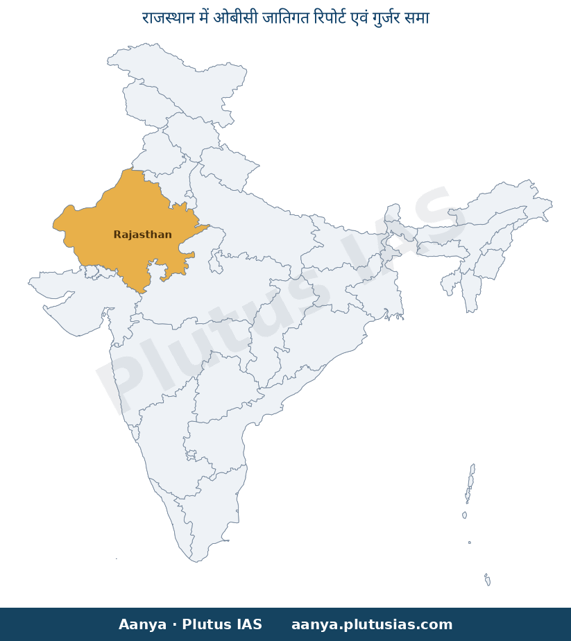 Map of Rajasthan highlighted on the map of India — राजस्थान ओबीसी जातिगत रिपोर्ट गुर्जर समाज आक्रोश