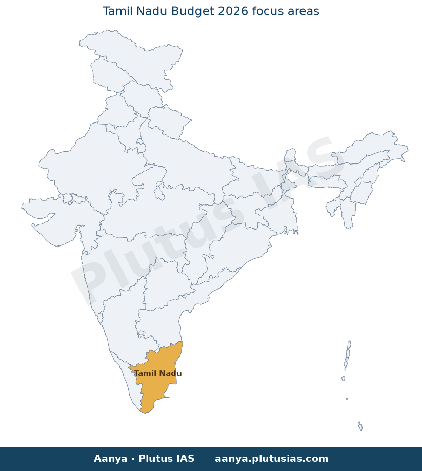 Map of Tamil Nadu highlighted on the map of India — तमिलनाडु बजट 2026 टीवीके सरकार