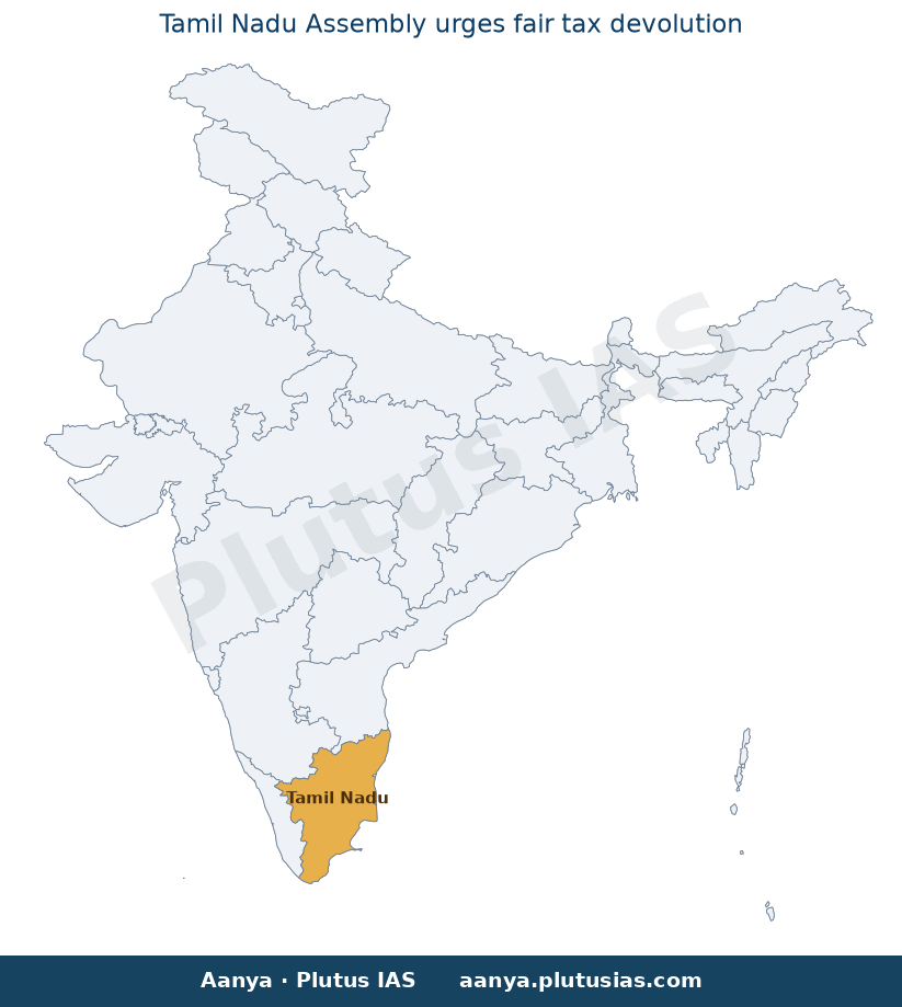 Map of Tamil Nadu highlighted on the map of India — Central tax devolution formula UPSC
