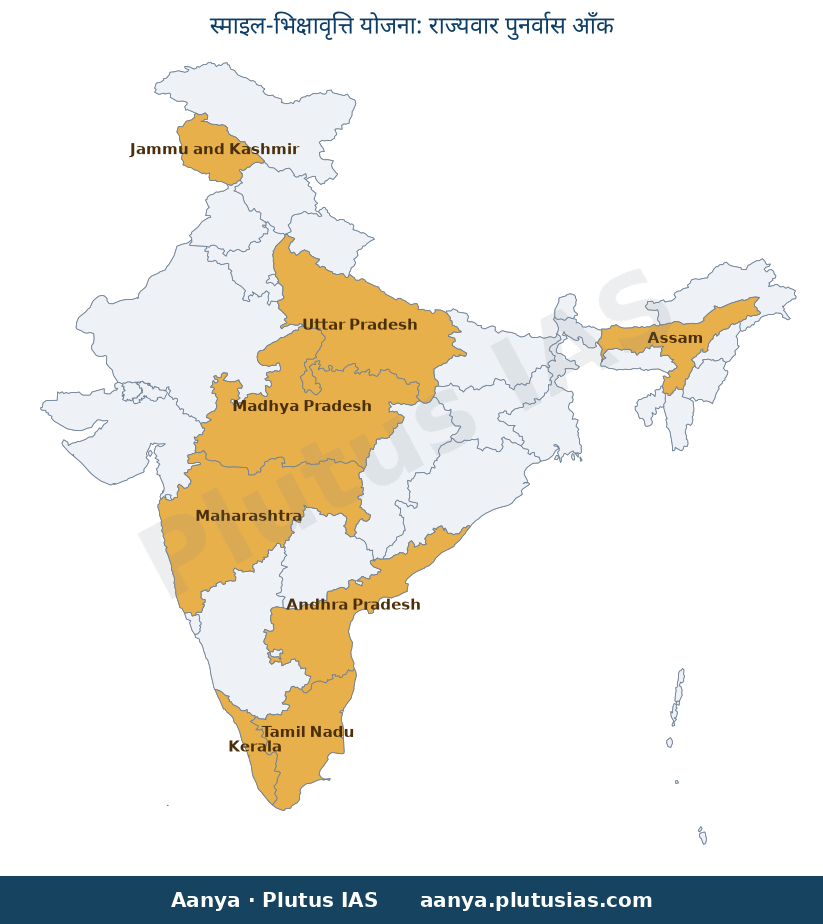 Map of Tamil Nadu, Madhya Pradesh, Uttar Pradesh, Maharashtra, Assa highlighted on the map of India — स्माइल योजना…