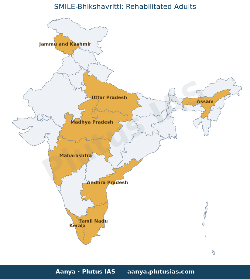 Map of Tamil Nadu, Madhya Pradesh, Uttar Pradesh, Maharashtra, Assa highlighted on the map of India — SMILE Scheme…