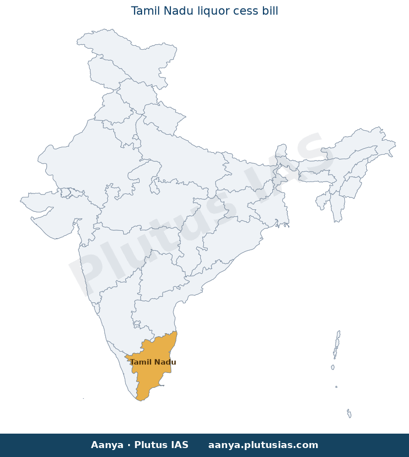 Map of Tamil Nadu highlighted on the map of India — Tamil Nadu liquor cess UPSC