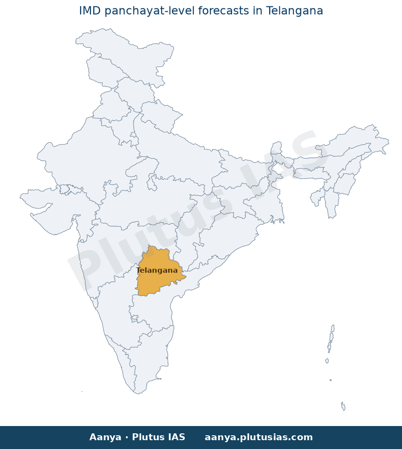 Map of Telangana highlighted on the map of India — IMD panchayat-level weather forecast Telangana