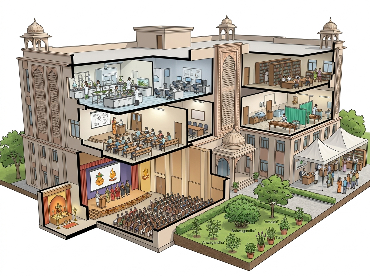 जयपुर स्थित राष्ट्रीय आयुर्वेद संस्थान में 11वां आयुर्वेद दिवस मनाया गया — labelled illustration
