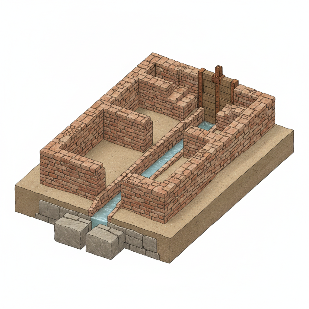 Brick structure found in Kollidam riverbed traced to Sangam period, was used for water management: T.N. Archaeology Dept — labelled illustration