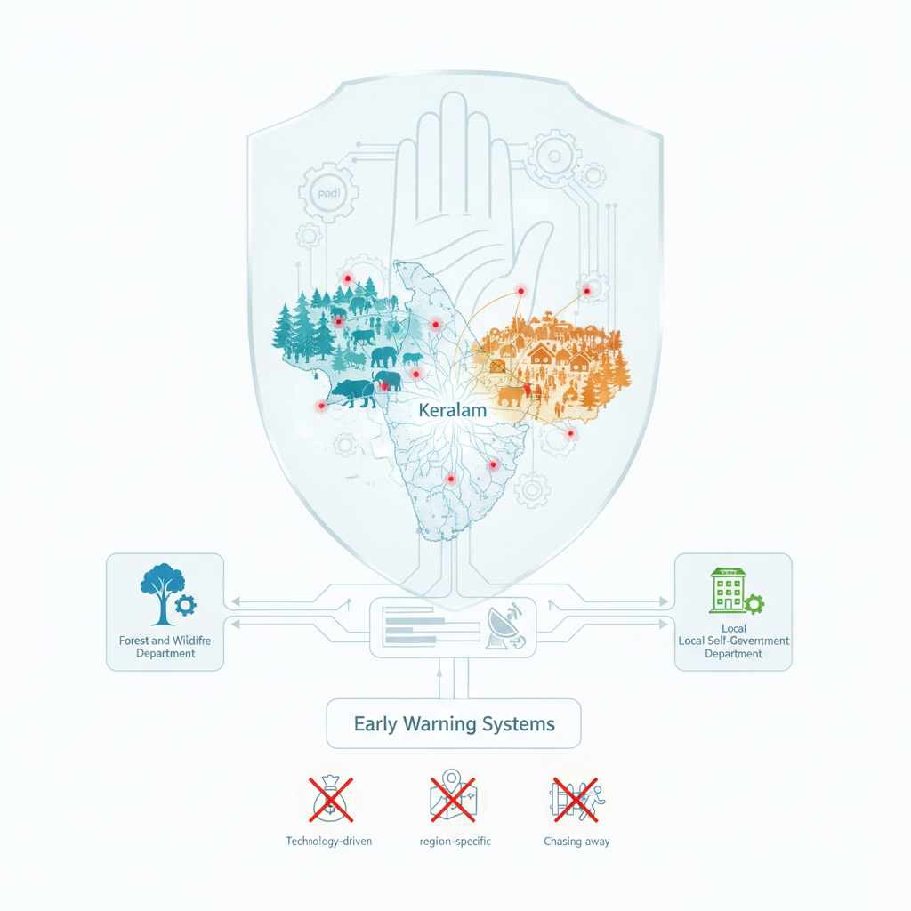 Human rights panel calls for effective early warning systems in human-wildlife conflict zones in Keralam — labelled illustration