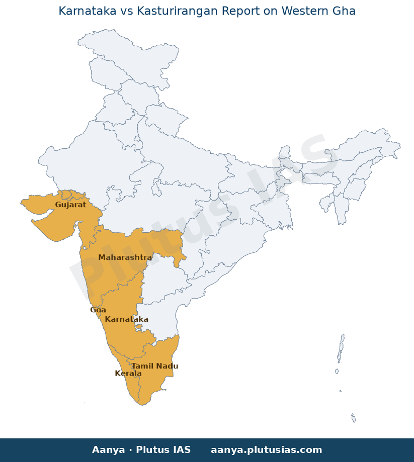 Map of Karnataka, Gujarat, Tamil Nadu, Kerala, Maharashtra, Goa highlighted on the map of India — Kasturirangan Report…