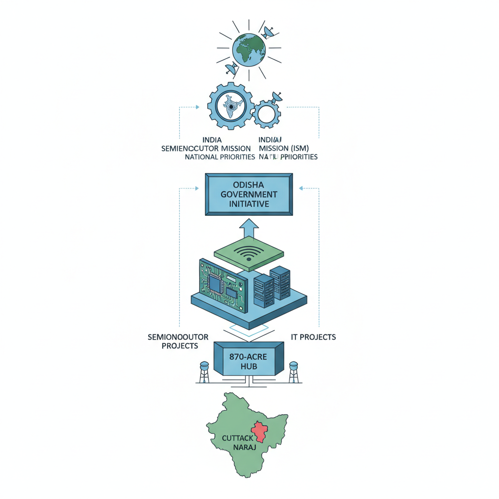 Odisha government plans 870-Acre Silicon Valley hub in Cuttack’s Naraj for semiconductor, IT projects — labelled illustration