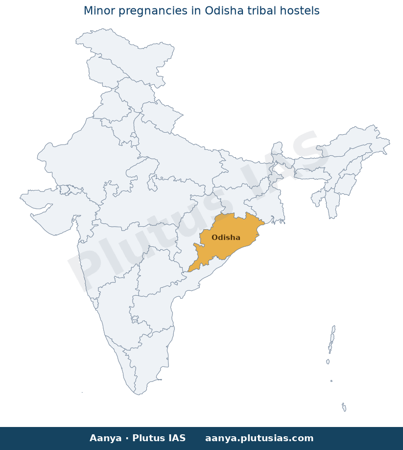 Map of Odisha highlighted on the map of India — minor pregnancies in tribal hostels Odisha UPSC