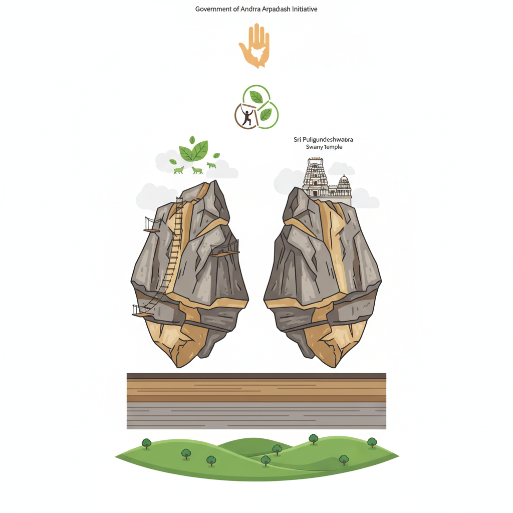 Puligundu’s 1,000-foot twin rock peaks near Chittoor to be developed for adventure, eco and temple tourism — labelled illustration