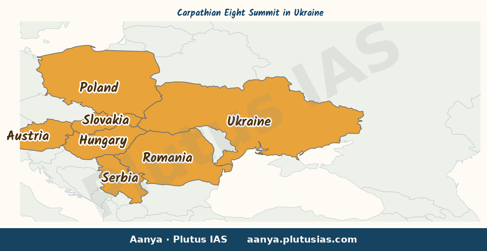 Map of Ukraine, Romania, Serbia, Poland, Slovakia, Czech Republic, highlighted on the map of India — Carpathian Eight…