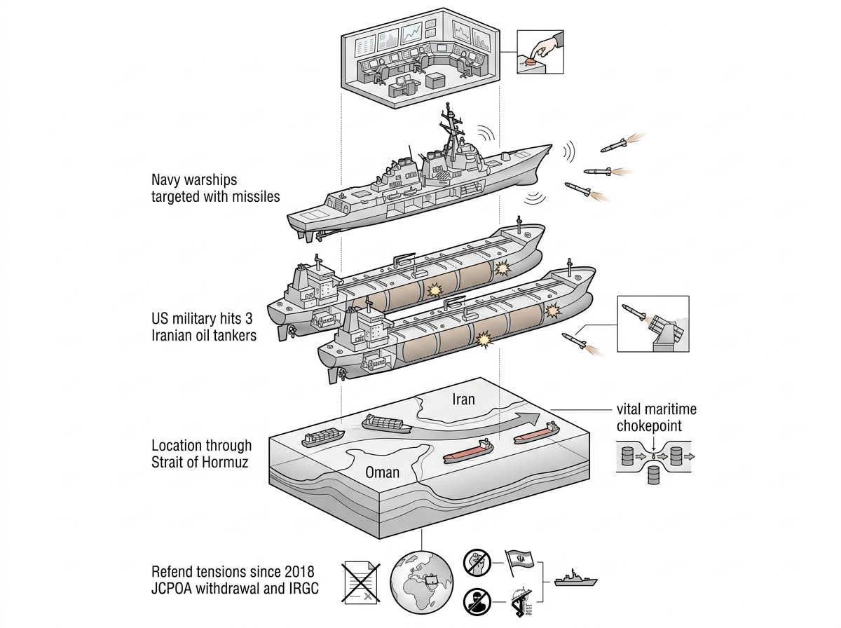 US military hits 3 Iranian oil tankers after saying Navy warships were targeted with missiles — labelled illustration